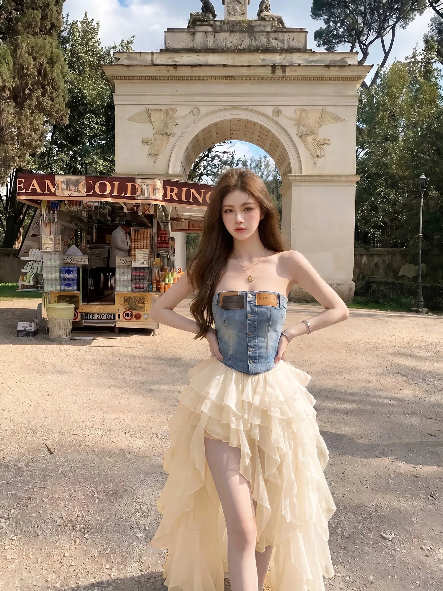 Summer Pure Desire Style Denim Tube Top High Waist Layered Skirt Two Piece Set Women's Hot Girl Pure Desire Outfit Vacation Date