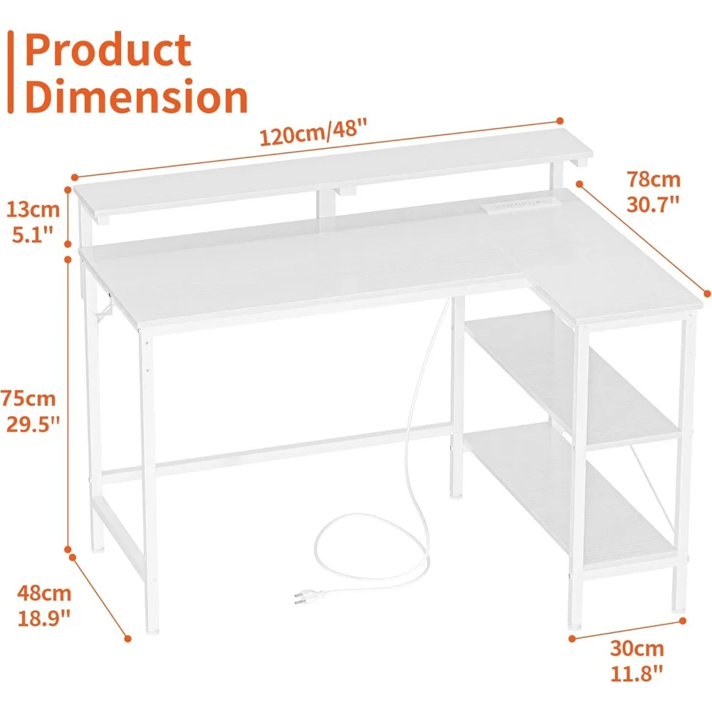 棚とディスプレイライザー付きL字型ゲーミングデスク、Type-Cコンセント付きコーナーコンピュータデスク48インチホワイトオフィスデスク