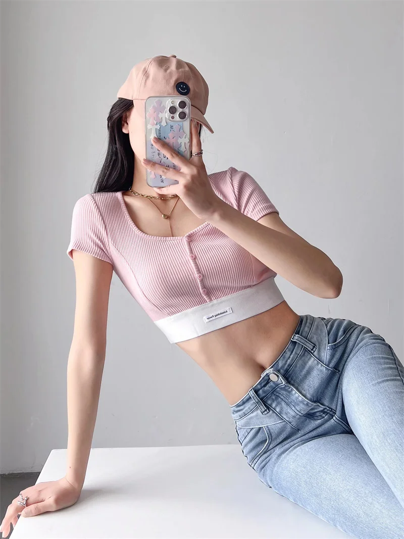 Slim Fit V-Ne T-irt Color Blo Elastic Waist Tag Long Sve ort Length Street Sle Pure Color Body a Base irt