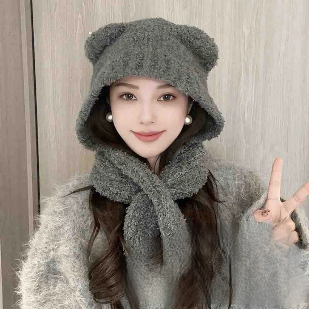 

New Winter Cute Bear Ears Hat For Women Solid Color Warm Thickened Knitted Woolen Hat Big Head Circumference Strap Cold Hat