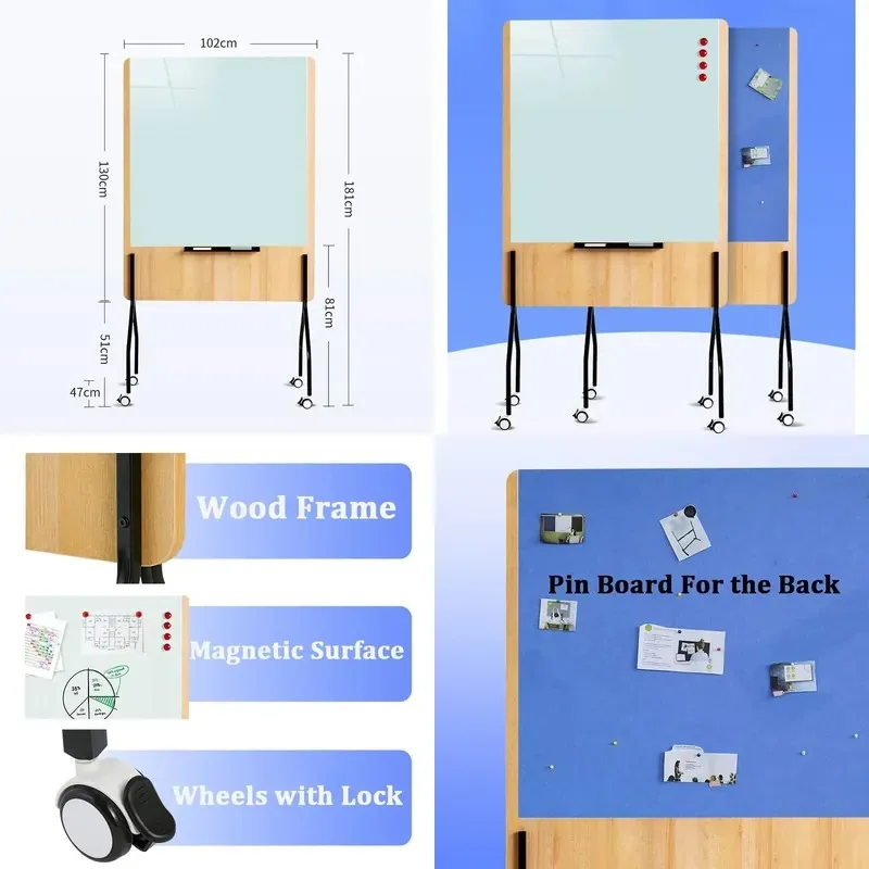 Double Sided Mobile Whiteboard with Wooden Frame Pin Bulletin Board Magnetic Dry Wipe Glass Wheels