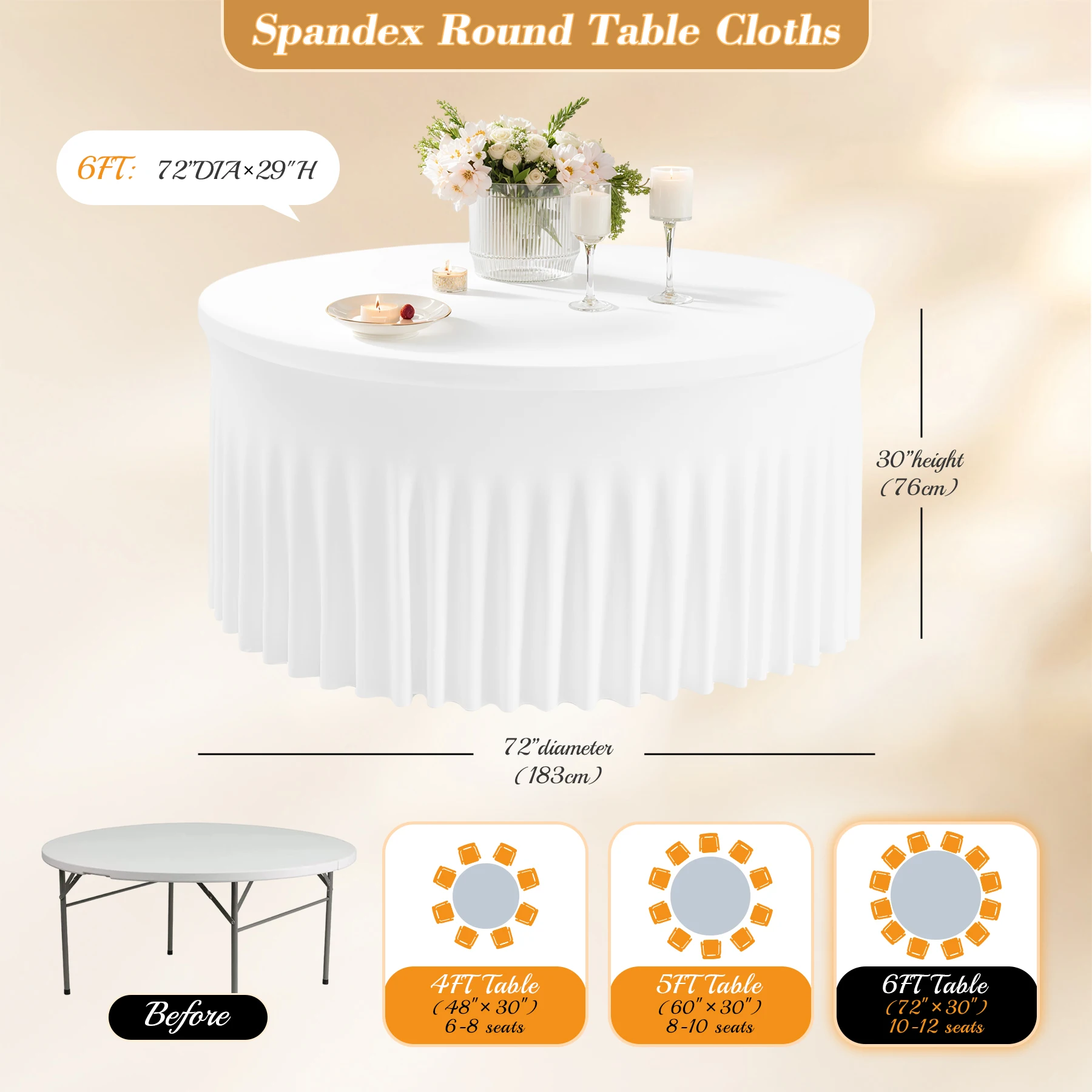 1PCS White Round Tablecloth,Spandex Elastic table skirt for Hotel Wedding Party Banquet Decor,Size 6FT 183cm table cover