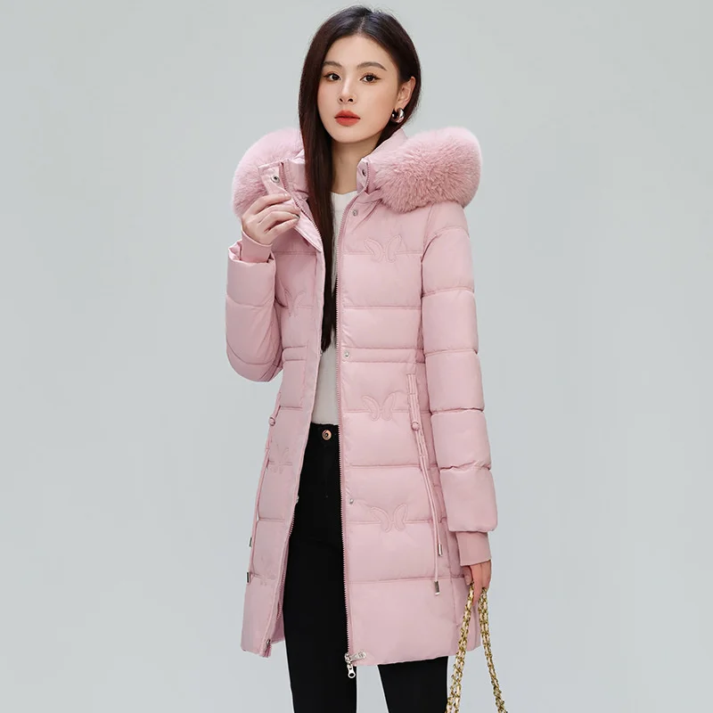 

2025 Korean Winter Long Parkas Women's Down Cotton-padded Jacket Thicken Hooded Fur Collar Coats Warm Overcoat Slim Outerwear