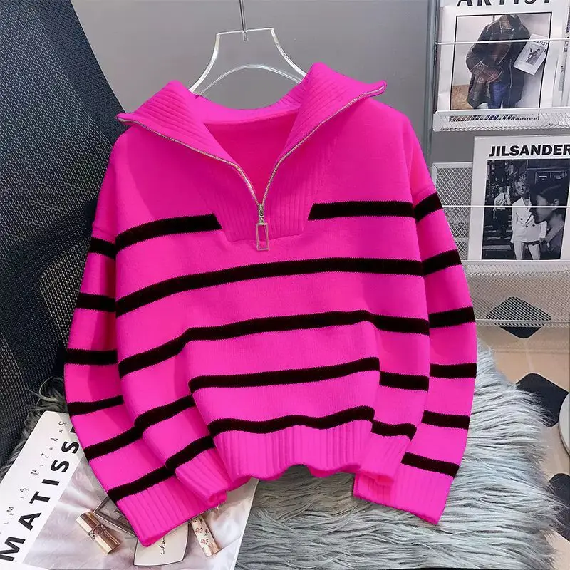 Sweter w paski swetry damskie luźne, jesienne zimowy zamek błyskawiczny casualowe miękkie Harajuku, delikatne Sueter Mujer Classic ciepło,