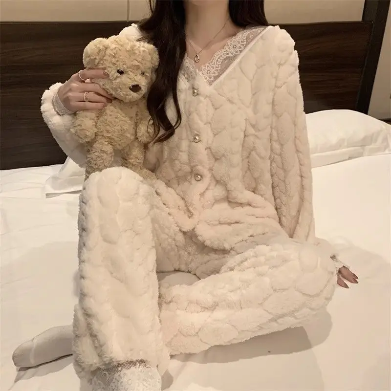 Autumn Winter Flannel Women\'s Pajamas Sets Contrast Lace Hollow Out 2pcs Sleepwear Velvet Homewear Sweet V-neck Cardigan Pyjama