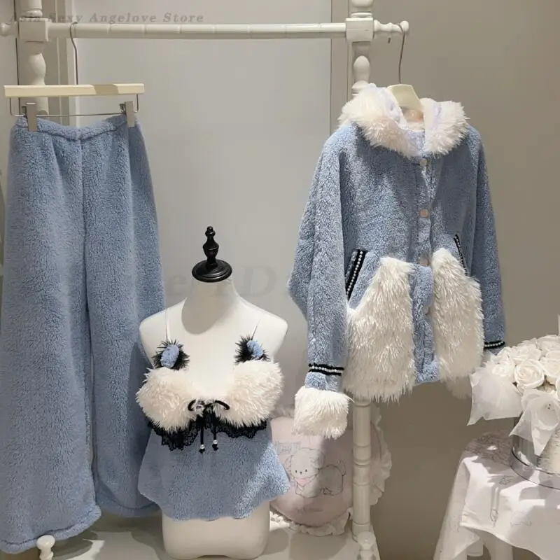 

Зимний утепленный пижамный комплект, милая плюшевая одежда для сна с милым медведем, теплая домашняя одежда из кораллового флиса, свободная повседневная новая одежда для сна, домашняя одежда