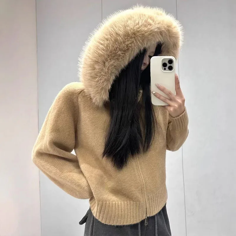 Korean Autumn and Winter Knitted Cardigan Women's Loose Casual Versatile Long Sleeved Fur Collar Hooded Sweater Jacket Women