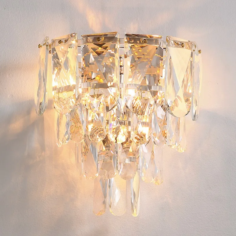 Modern Luxury Crystal Wall Lamp Gold Frame LED Bedroom Bathroom Vanity Living Room Hotel Villa Hall Background Atmosphere Sconce