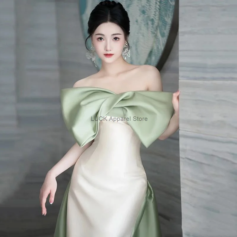 French Evening Dress 2024 Summer One Shoulder Butterfly Knot Satin Fish Tail Style Fish Tail Dress