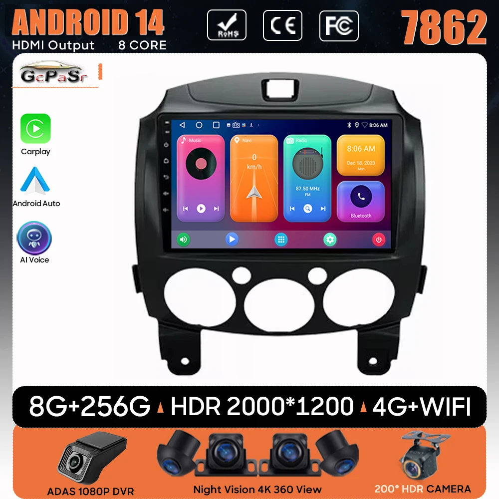 

Car Radio Android 14 For MAZDA 2 Mazda2 2007-2014 Navigation GPS Android Auto Carplay Multimedia Player Stereo 5G Wifi Video DVD