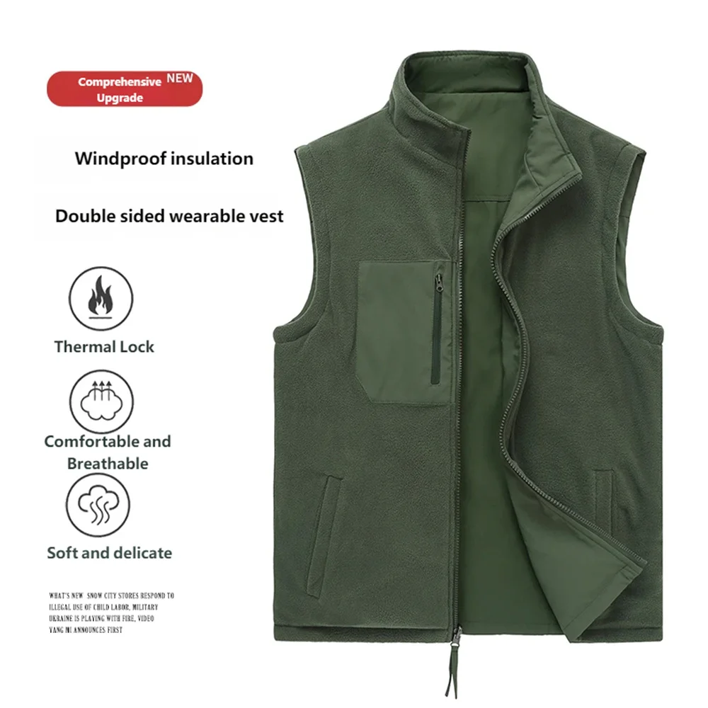 

M-8XL Мужской дышащий быстросохнущий двусторонний жилет для рыбалки на открытом воздухе, рабочая одежда, повседневный теплый жилет на флисовой подкладке с воротником-стойкой, куртка