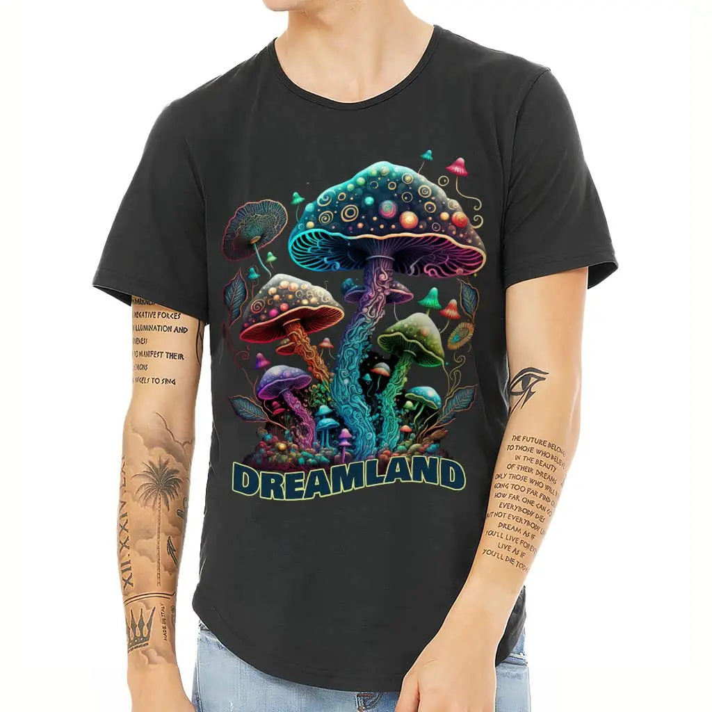 Colorful Mushroom Curved Hem T-Shirt  Graphic      TeeCartoon Printing  vintage Luxury oversiz