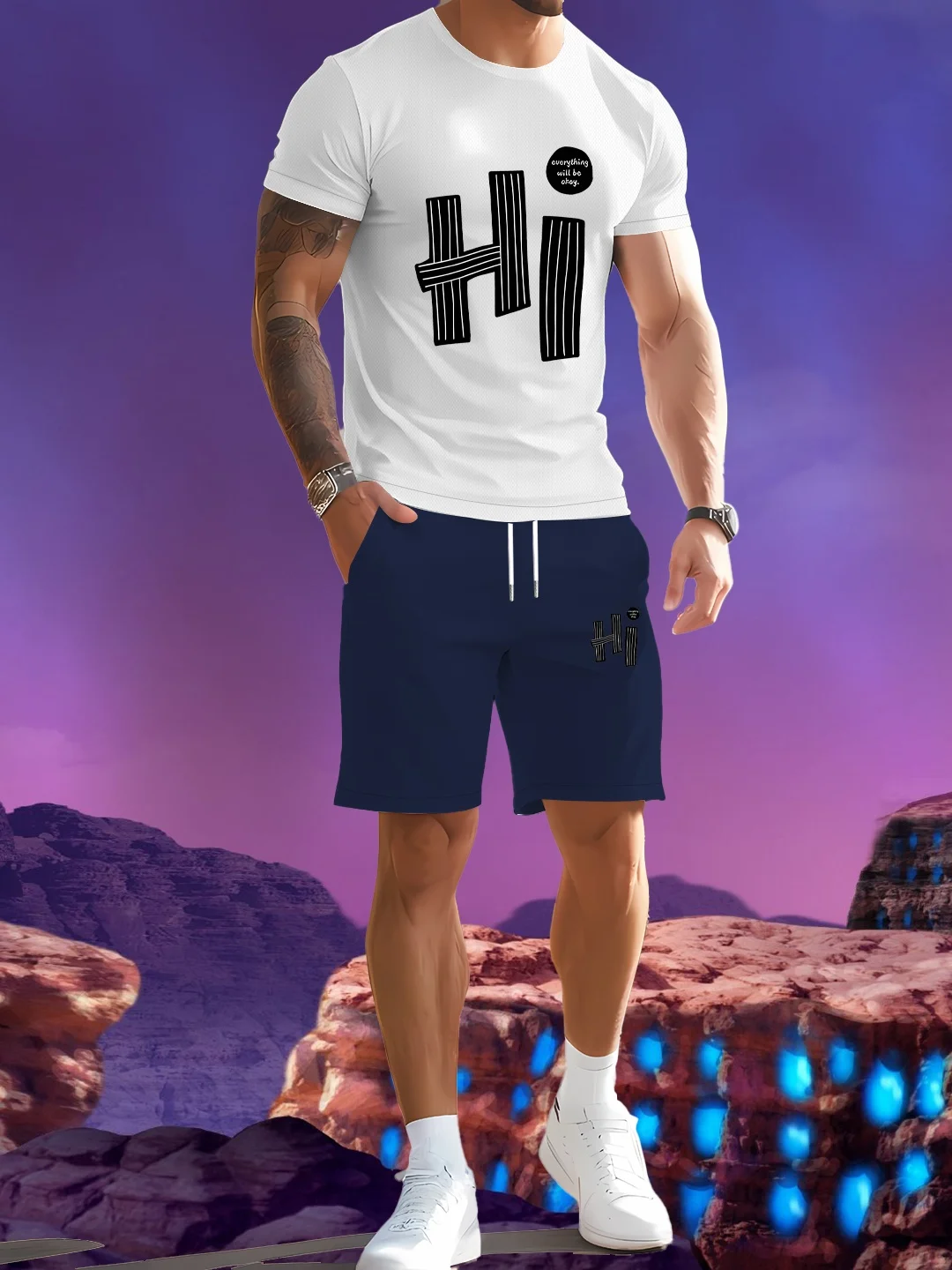 

Two pieces of men's round neck short sleeved shorts for spring and summer vacation wear