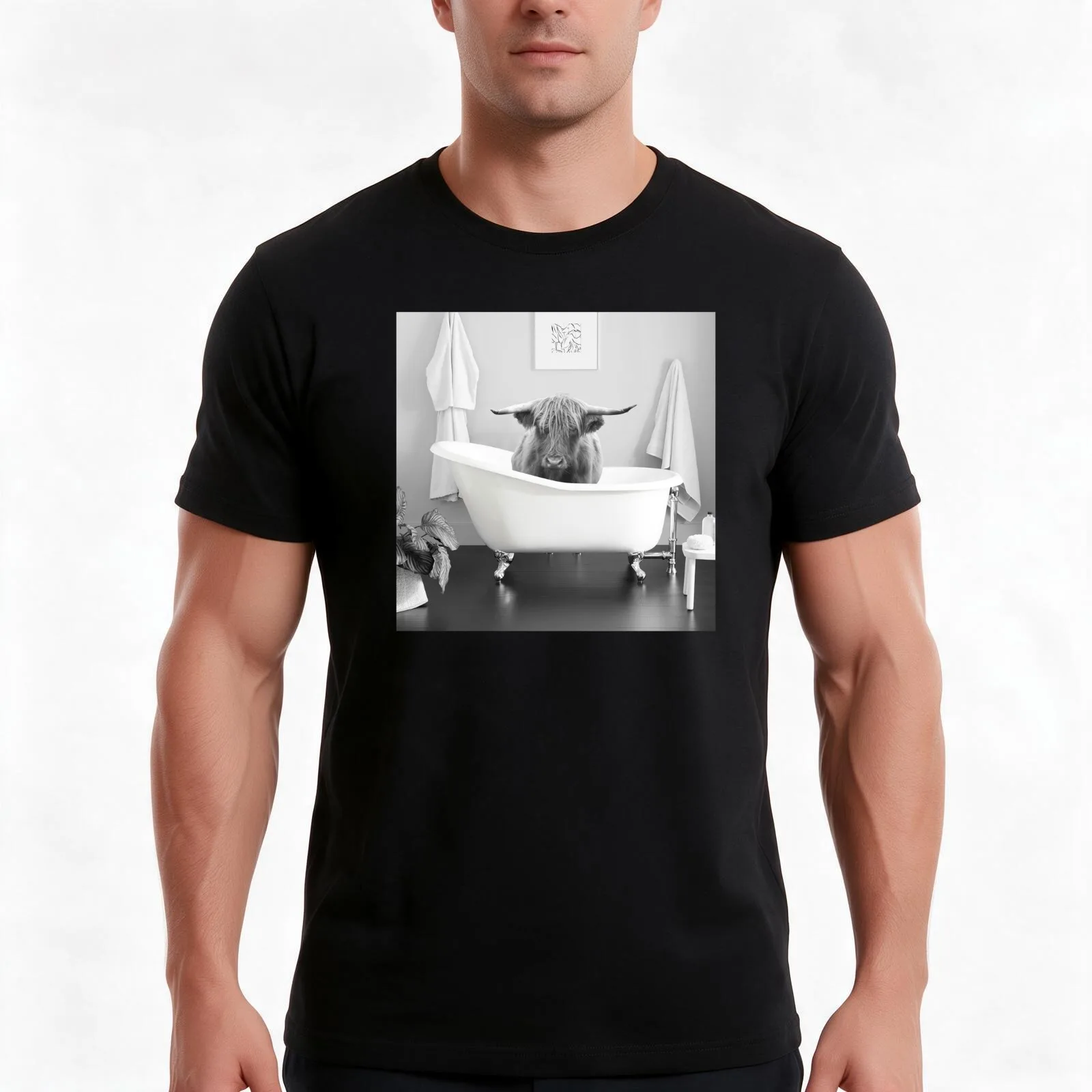 Highland Cow in Bathtub T-Shirt, Summer Casual Cotton Tee, Oversized Streetwear Tops, Vintage Graphic Print, Unisex Men Women