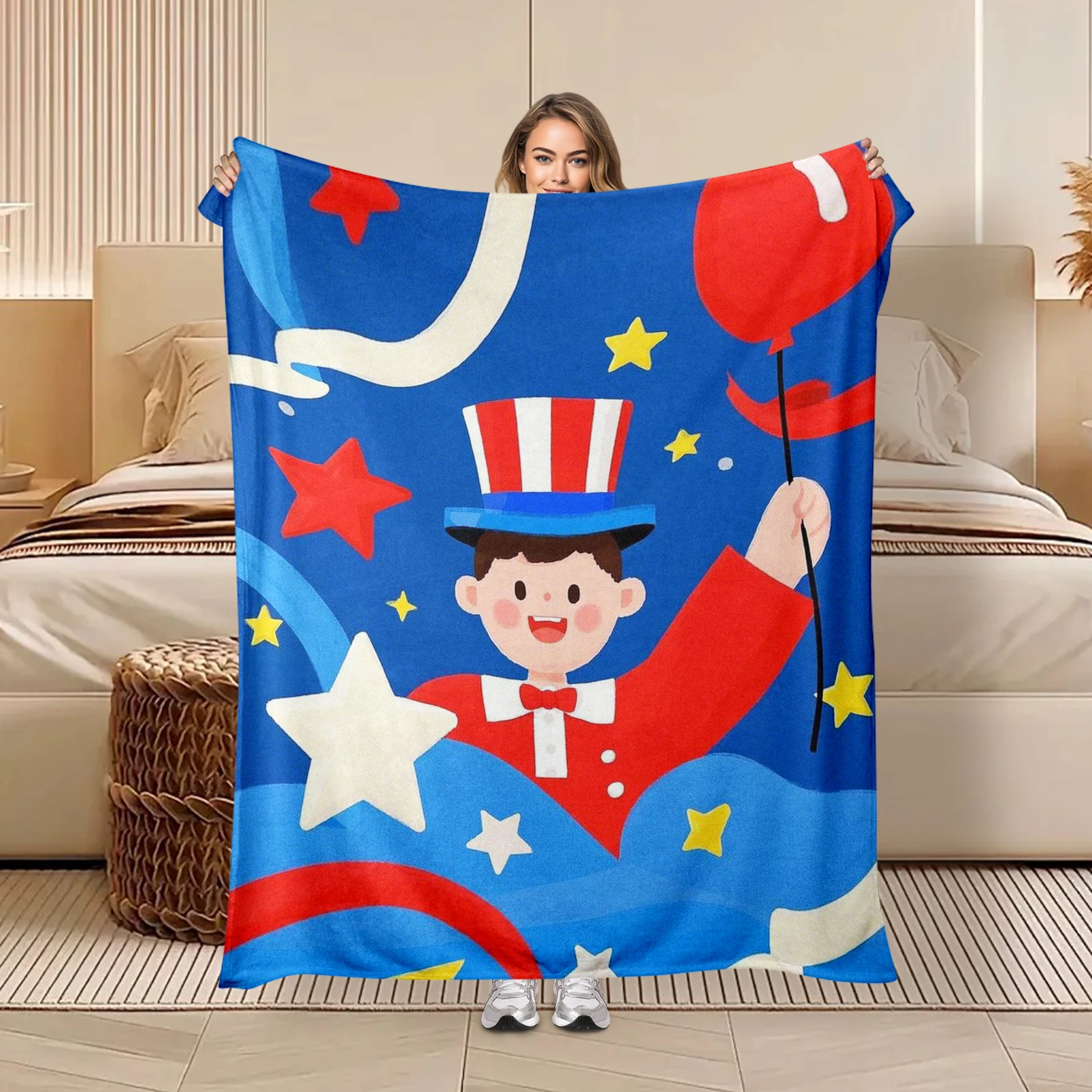 Unique Blanket Featuring Usa Flag Colors Cartoon Figures Ribbons And Stars Offers Comfort And Festive Spirit As A Gift