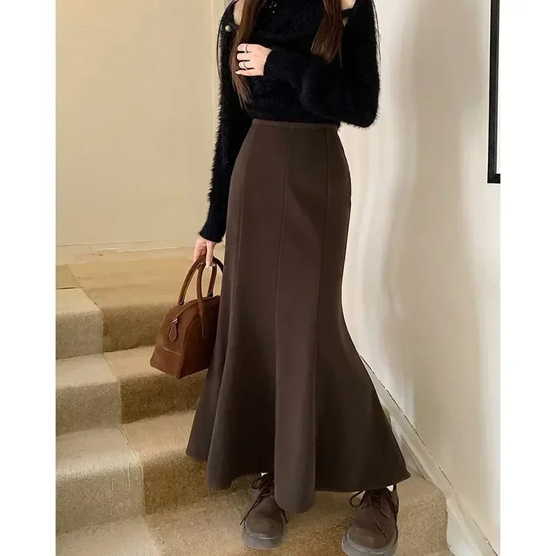 New Woolen Fishtail Long Skirts Elastic Waistband Slimming Hip Skirt Korean Style Design Sense Trumpet Skirts for Women Outwear