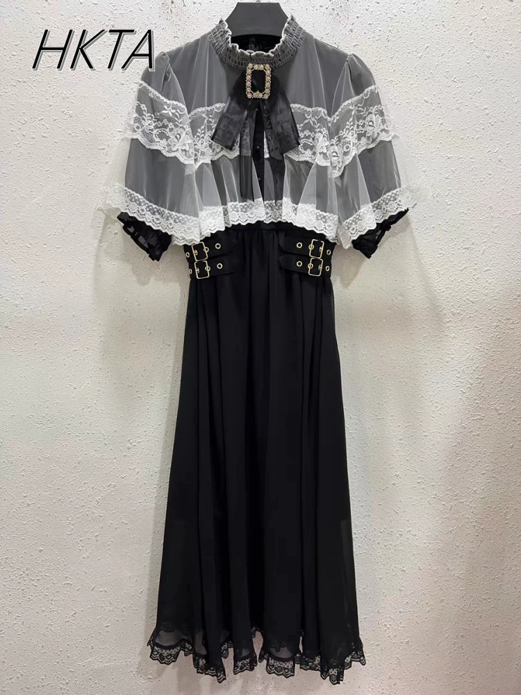 

Rojita Dress Women Summer New Mine Series Cover Yarn Cape Free Brooch Double Lace Long Dress Female Japanese Black White Dresses