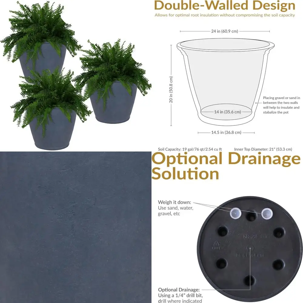 Большая 24-дюймовая пластиковая круглая кашпо с двойными стенками для улицы, дренажем и функцией для наполнения