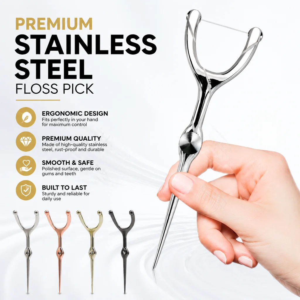 Y-type stainless steel floss holder, reusable metal floss handle with oblique head Includes 50m Mint Floss Refill, 4 Colors