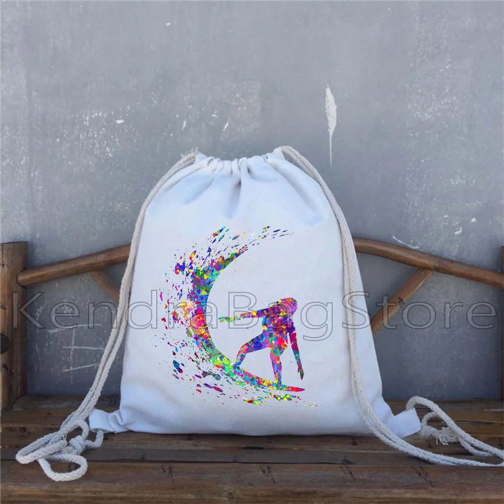 

Watercolor Surfer Girl Man Surf Surfing Lover Cute Gifts Canvas Drawstring Bags Soccer Backpack Gym Sackpack Gifts String Bag