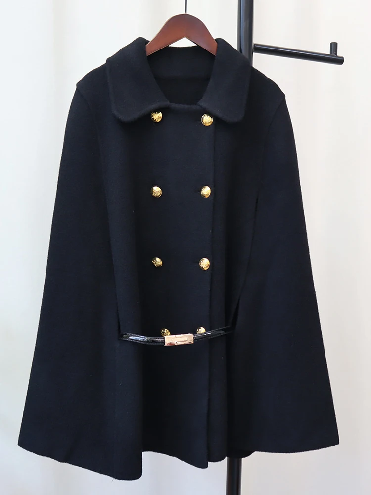 White Women Double Breasted Cape Woolen Blends Elegant Cloak Outwear Coats Vintage Overcoat 2023 Autumn Winter New X415