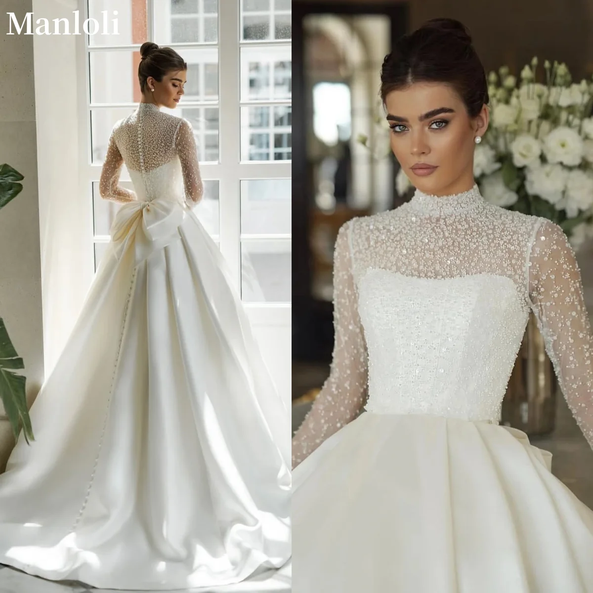 

Arab High Neck Sparkling Wedding Dress Elegant Bow Fluffy Ball Dress A-line Long Sleeve Tight corset Wedding Dress Customized