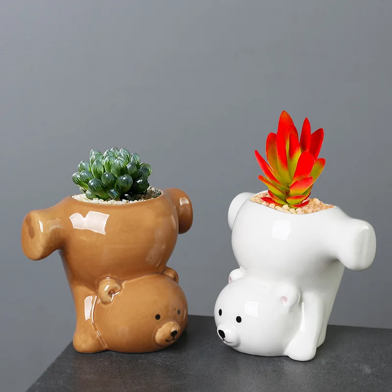 Handmade Creative Handstand Bear Ceramic Flower Pot Succulent Planter Mini Cactus Bonsai Desktop Tabletop Home Office Decor Gift