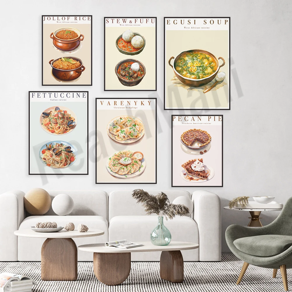 Dessert food pecan pie, borscht, dumplings, African stew, seafood fettuccine, soul food, printable kitchen wall decor poster