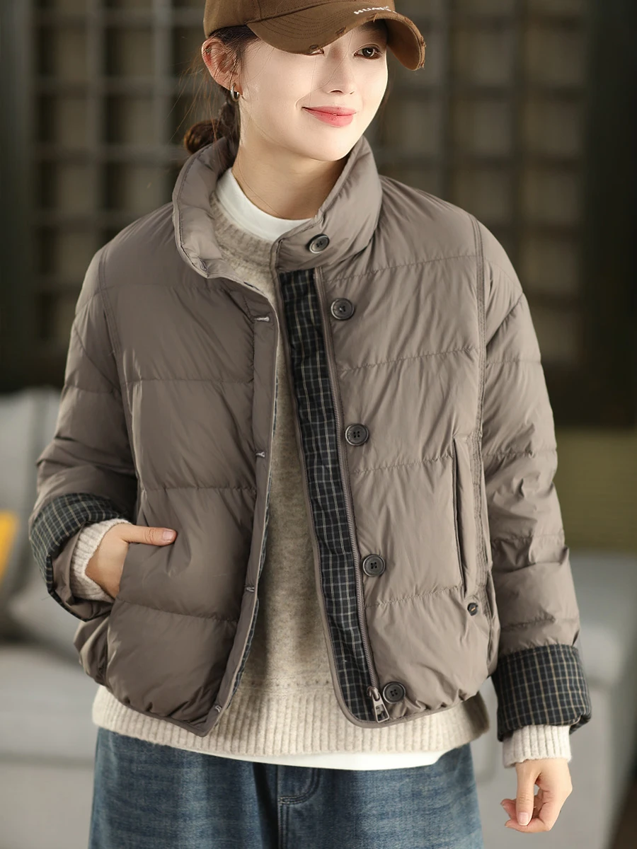 

Thiened White Du down Jaet High Quali Patchwork Warm Faionable Quilted Coat Vintage Sle Long Sve Stand Collar