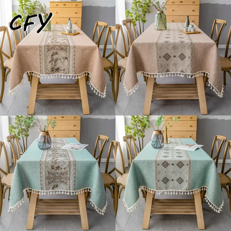 Cotton Linen Traditional Chinese Style Plaid  Rectangular Table Cloth Vintage Tea Table Cover Cloth Table Cover for kitchen