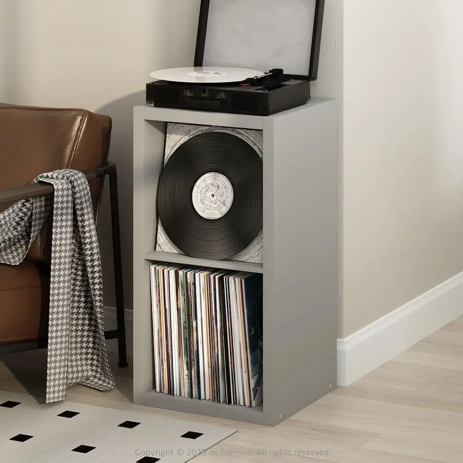 

Cubicle Record Player Stand with Vinyl Storage, 2Cube 1.2 Extra Thick Vinyl Record Storage, Open Back Media Shelf for CD DVD Bl