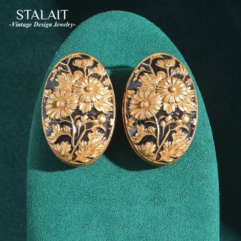 

Vintage Jewelry Mystery Oval Black Earrings Stud Sunflower Engrave Gold Color Luxury Woman Charm Dress Accessories 2025 Trend