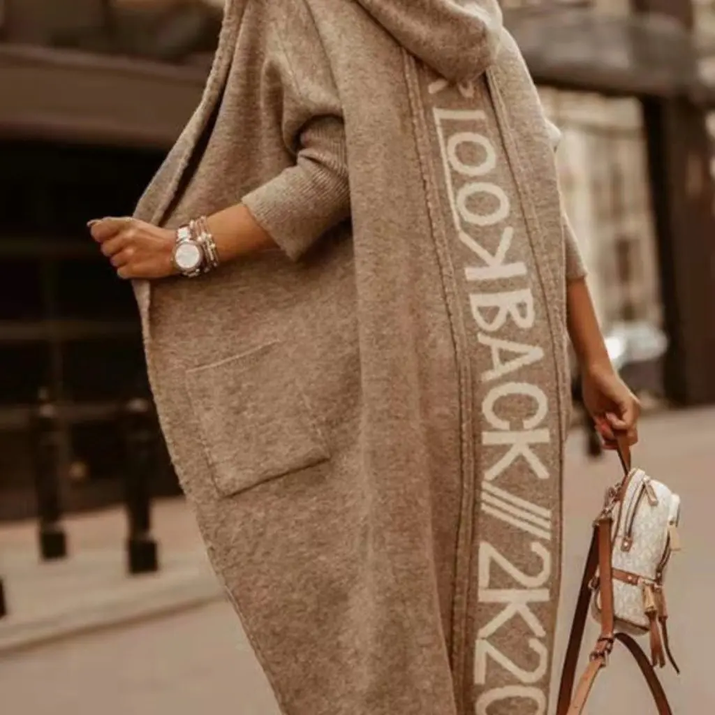

Autumn Winter Long Hooded Cardigan Knitted Letter Sweater Coat for Women European American Style Outerwear