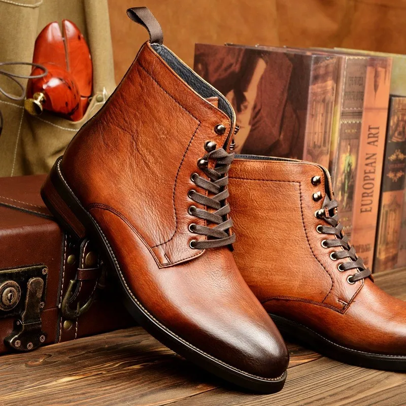 

Fashion Ankle Boots Men's Genuine Leather Lace Up Black Brown Dress Boots For Men Luxury Formal Shoe Pointy Chelsea Boots Men