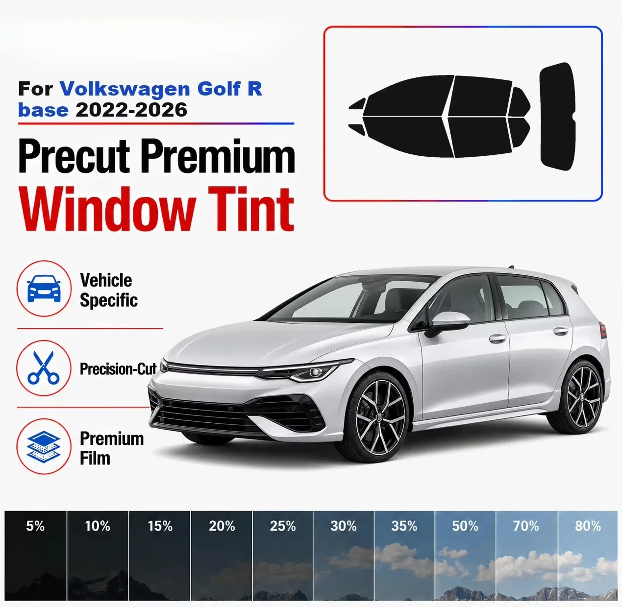 Premium Precut Window Tint Kit Front Windows Rear Windows Rear Windshield For Volkswagen Golf R base 2022-2026 Nano Ceramic Film
