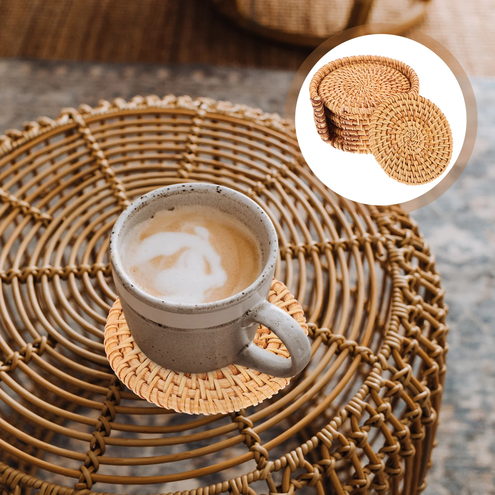 

1Set Round Natural Rattan Coaster Woven Cup Mat Heat Resistance Placemat for Home Office Table Decorative Coasters