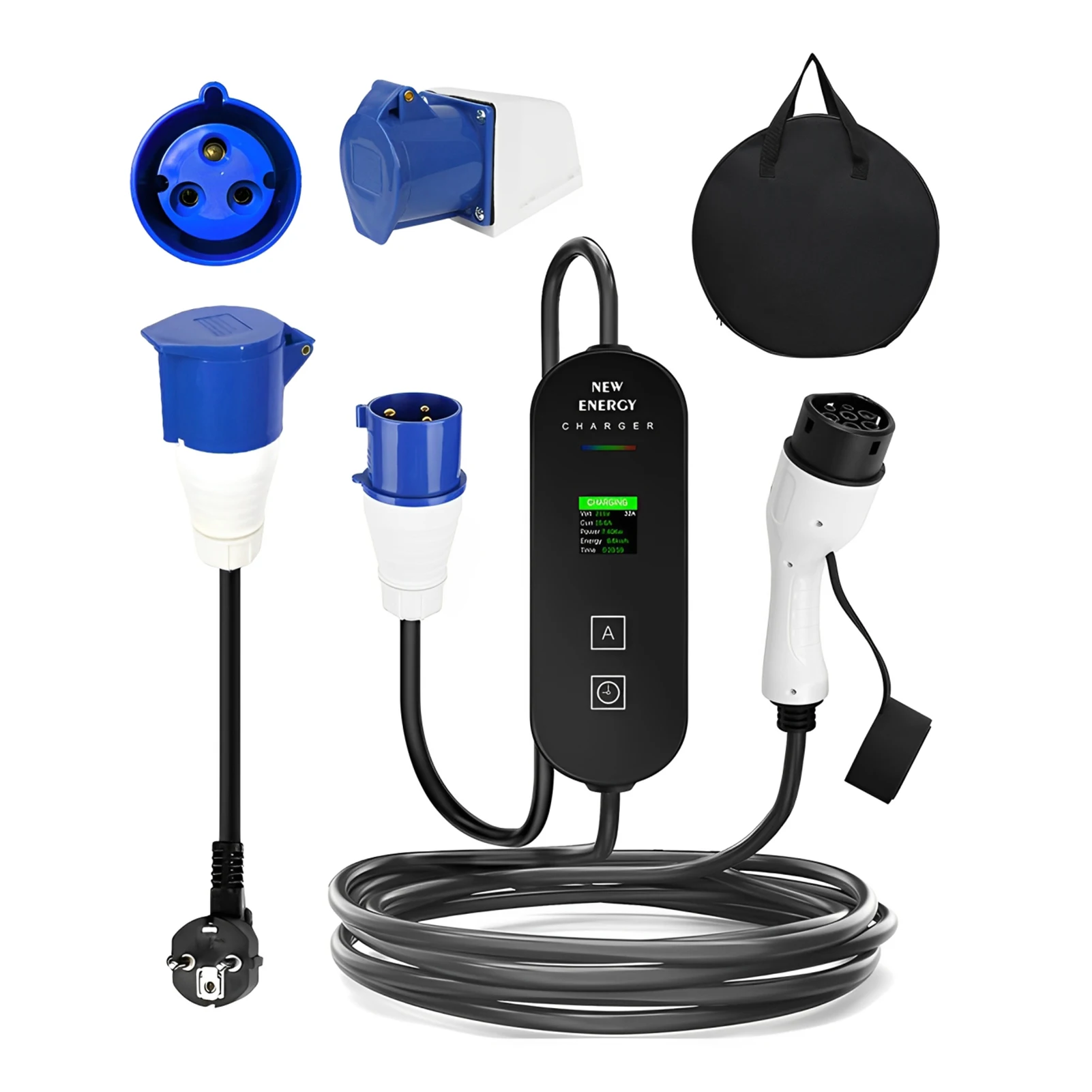 

Портативное зарядное устройство для электромобилей 7 кВт, 32 А, тип 2, 5 м/10 м, однофазное, 3-контактное, вилка европейского стандарта, ЖК-дисплей, цветной экран, автомобильное электрическое зарядное устройство с сумочкой