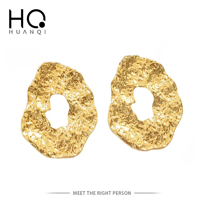 HUANZHI 2019 New Fashionable Geometric Irregular Hollow Wafer Concave Surface Metal Stud Earrings for Women Gifts Jewelry