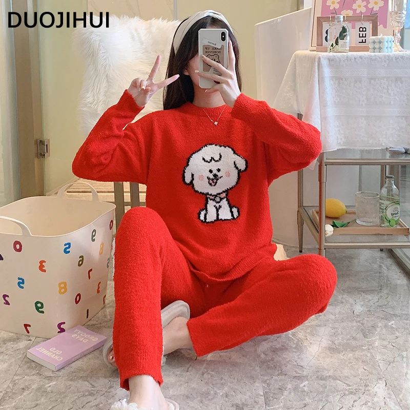 DUOJIHUI Red Lovely Print Fashion 3-colors Pajamas for Women Classic O-neck Pullover Simple Pant Loose Casual Female Pajamas Set