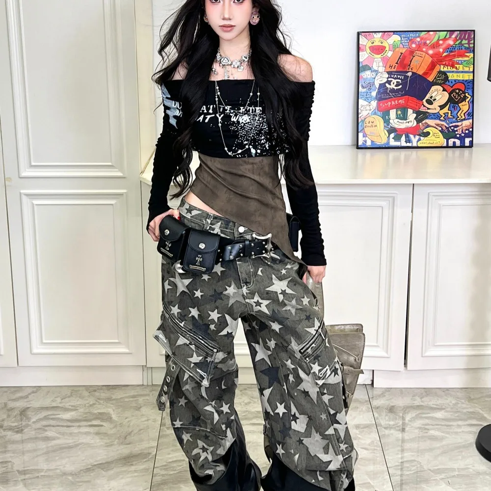 American Patchwork Y2k Fake Two Slim Off Shoulder Top Gothic Harajuku Ropa Mujer Graphic Irregular T Shirts Grunge T-shirts