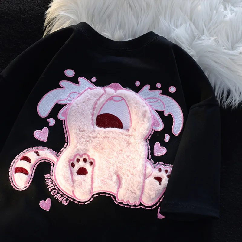 Damska koszulka z krótkim rękawem Summer Cute Style Couple Match Top Kawaii Tees Shirt Furry Cry Cat Cartoon Flocked Embroidery Loose Short Sleeve T-shirt