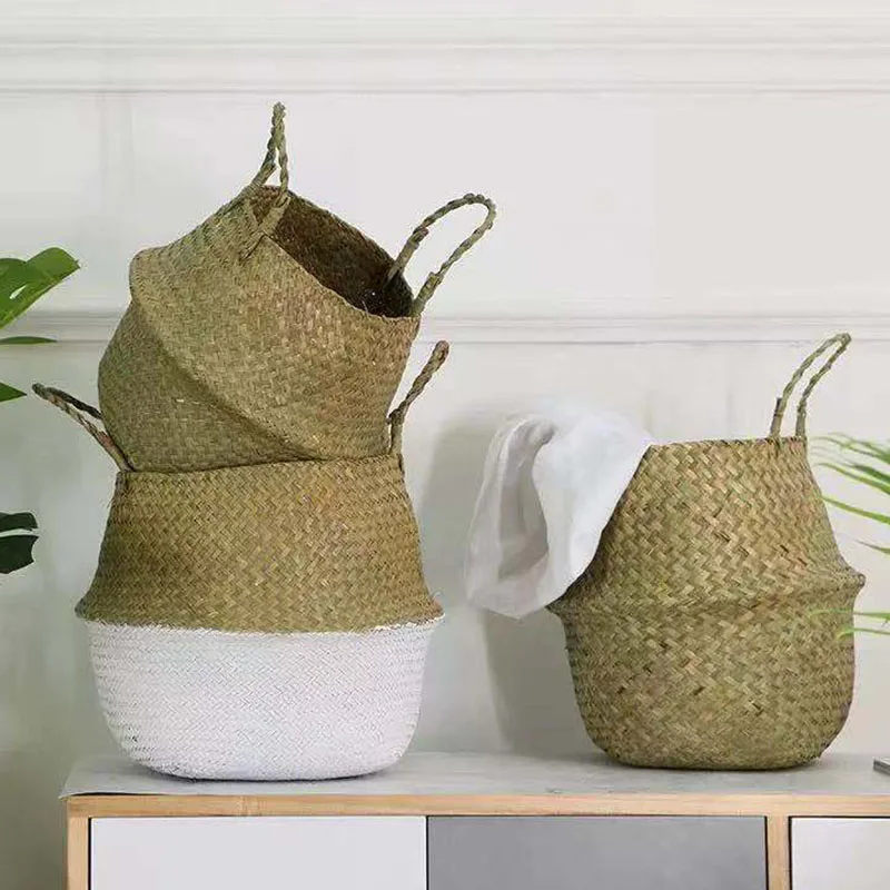Wicker Rattan Laundry Basket Foldable Natural Woven Basket Seaweed Storage Pot Garden Flower Vase Picnic Plant Storage Basket
