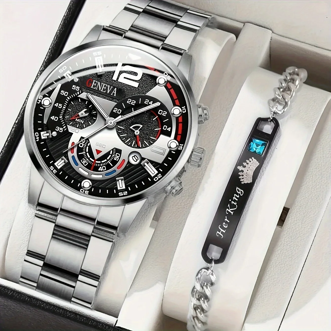 2pcs Elegant Men Triple Dial Round Quartz Watch & \