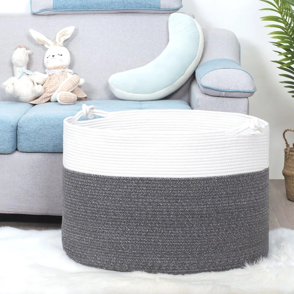 سلة كبيرة من الحبال القطنية المزخرفة لتخزين غرفة المعيشة مع مقابض واستخدام الغسيل