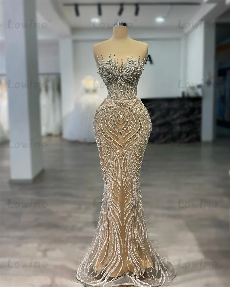 

Champagne Prom Dresses Mermaid Crystals Sweetheart Long Evening Dress Customized 2025 Arabic Formal Party Second Reception Gowns