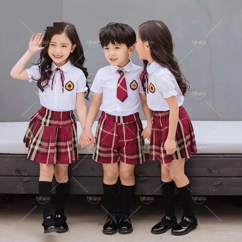 子供の韓国の制服、半袖シャツ、市松模様のスカート、赤い服セット、子供、男の子、女の子、プライマリ、子供