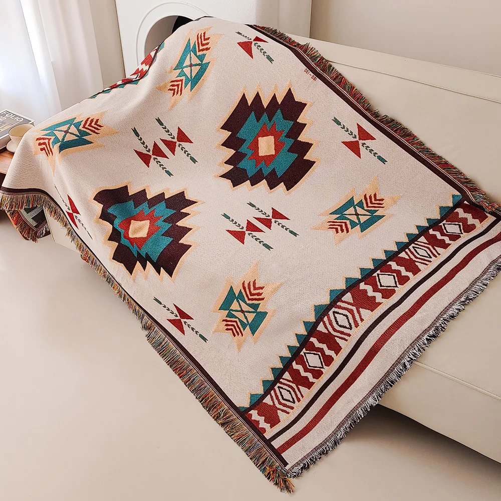 Aztekendecke, übergroße Boho-Überwurfdecke mit Fransen, geometrischer Südwest-Wandteppich, Vintage-Überwurfdecken, Double-Si