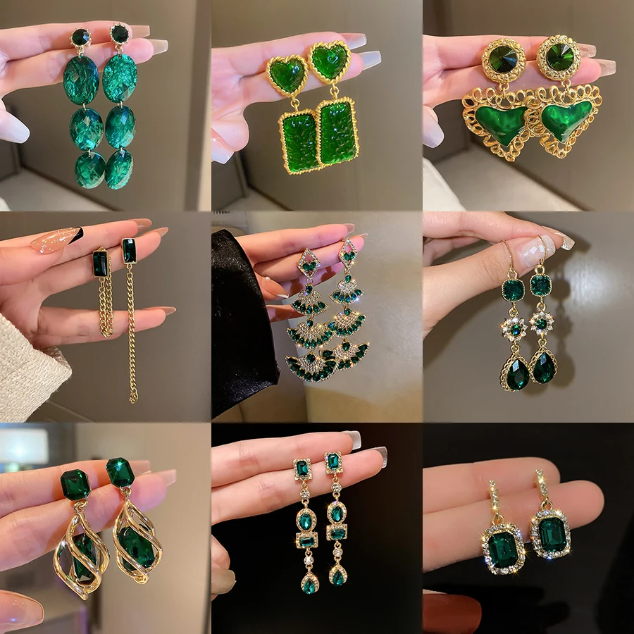 Inlaid Rhinestone Emerald Women's Earrings Unique Fashion Green Zircon Drop Earring Sparkle Luxury Designer Wedding Jewelry