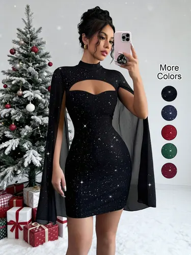 Minivestido Sexy con cuello levantado para mujer, minivestido con lentejuelas brillantes para fiesta y discoteca, ajustado, elegante, Otoño e Invierno