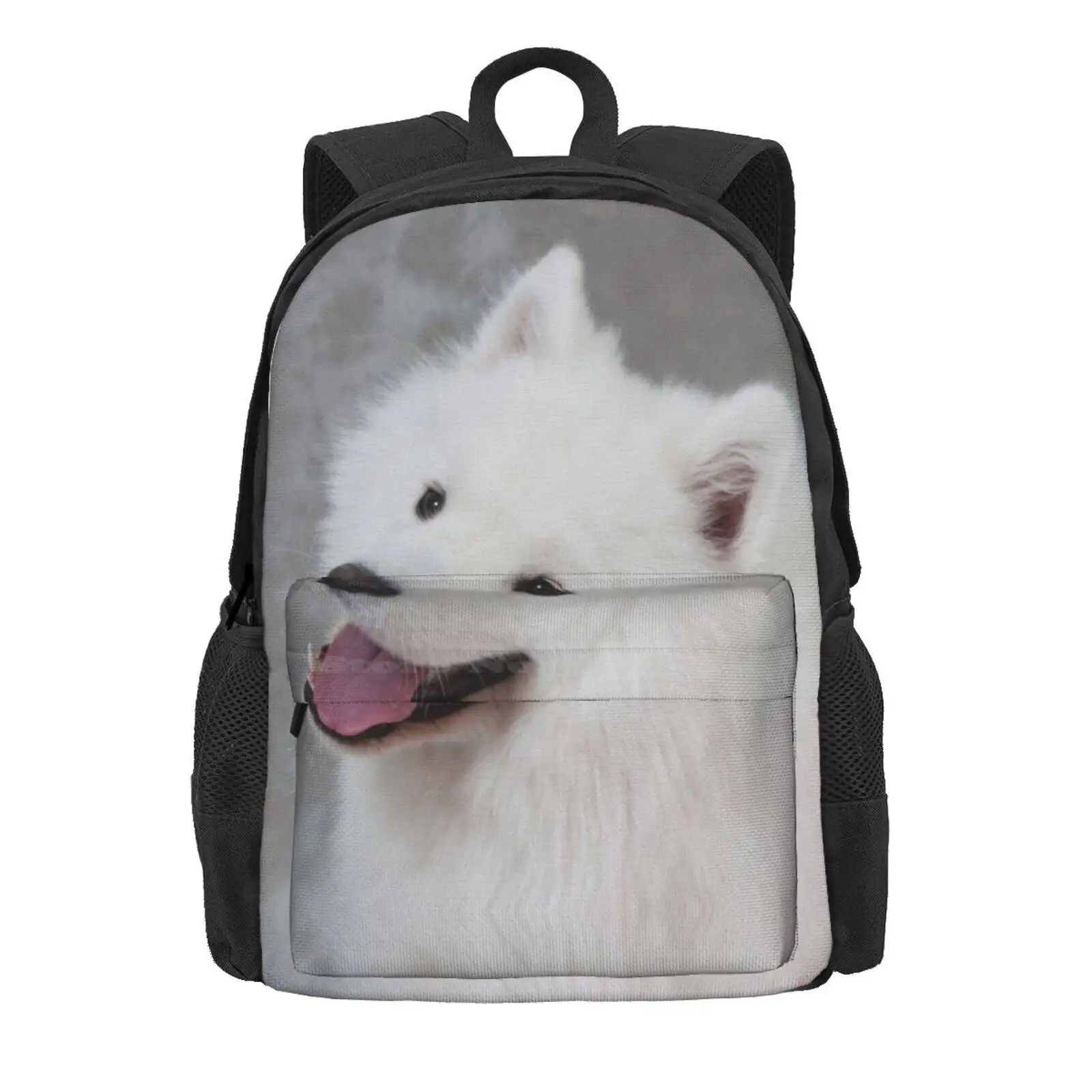 Samoyed, Smiling And Looking Over Shoulder Against Grey Background Hot Sale Schoolbag Backpack Fashion Bags Samoyed White Dog